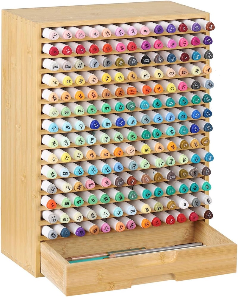 AUTOARK Natural Bamboo Marker Organizer with Drawer,182 Slots,Large Art Supply Storage for Artists,Teachers,Students - No Assembly Sturdy Desk Organizer for Classroom Office Decor,AHK-065 - Image 1